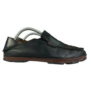 Olukai Maloa Loafers Mens 9.5 Black Leather Back Drop‎ Heels Shoes